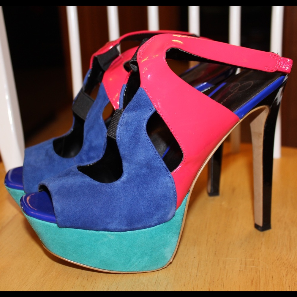 Navy turquoise and pink high heels